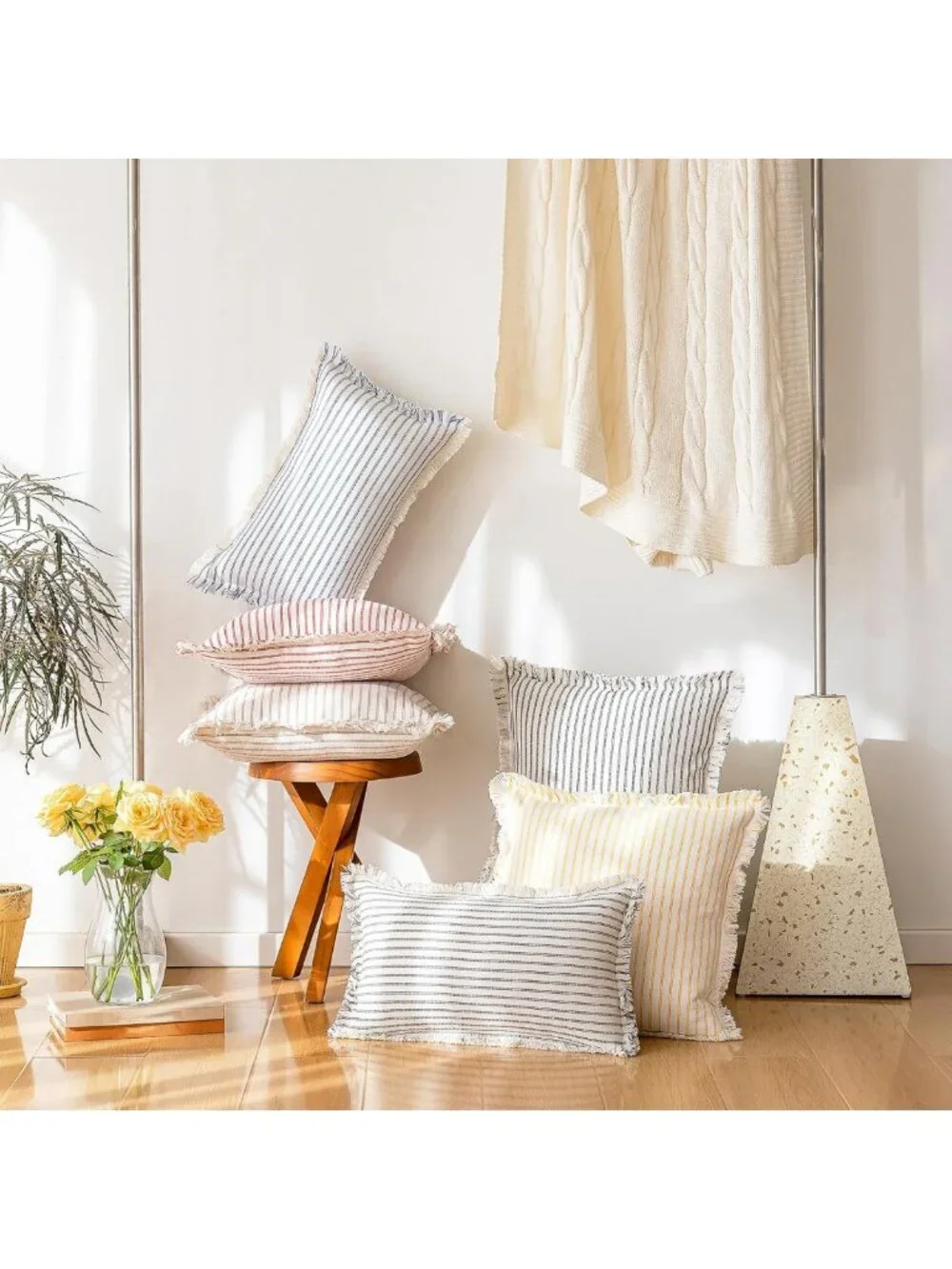 Set of 2 22x22 Striped Fringe Throw Pillow Covers - Boho Tassel Cushion Covers